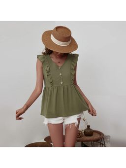 Outzidr - Womens Olive V-Neck Ruffle Top