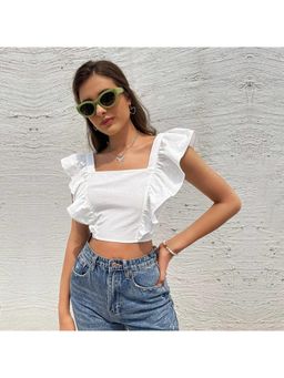 Outzidr - Womens White Square Neck Ruffle Crop Top