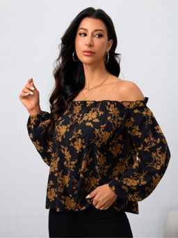 Outzidr - Womens Black Off Shoulder Printed Top