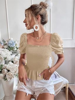Outzidr - Womens Khaki Half Sleeved Smocking Top