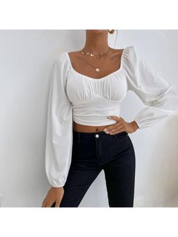 Outzidr - Womens White Full Sleeved Scoop Neck Crop Top