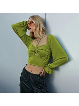 Outzidr - Womens Green Full Sleeved Tie-Up Knit Crop Top