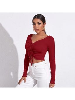 Outzidr - Womens Red Full Sleeved V-Neck Ruched Crop Top