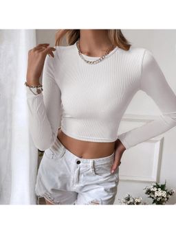 Outzidr - Womens White Full Sleeved Knit Crop Top