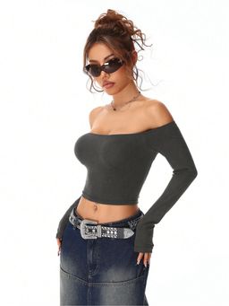Outzidr - Womens Grey Off Shoulder Full Sleeve Crop Top