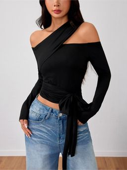 Outzidr - Womens Black Asymmetrical Full Sleeve Tie-Up Crop Top