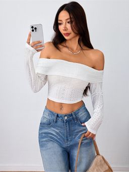 Outzidr - Womens Off-White Off-Shoulder Full Sleeve Crop Top