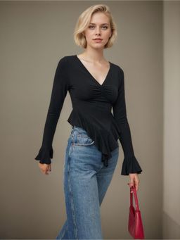 Outzidr - Womens Black V-Neck Ruffle Hem Top