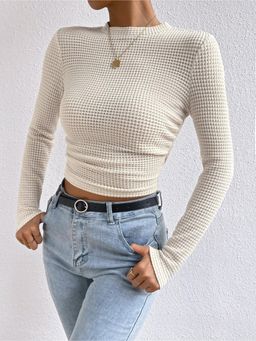 Outzidr - Womens Cream Textured Knit Full Sleeve Crop Top