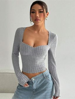 Outzidr - Womens Grey Full Sleeve Deep Neck Crop Top