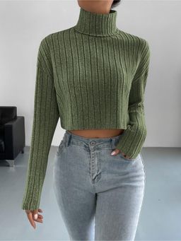 Outzidr - Womens Green Full Sleeve High Neck Crop Top