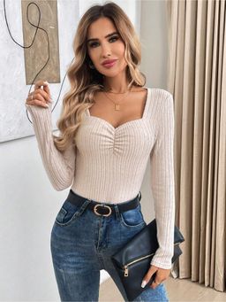 Outzidr - Womens Cream Full Sleeve Front Ruched Top