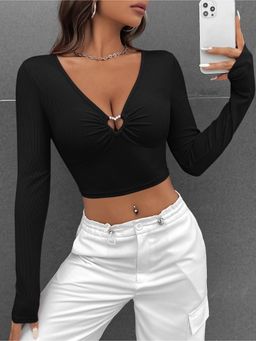 Outzidr - Womens Black Full Sleeve Front Buckle Crop Top
