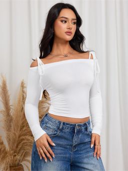 Outzidr - Womens White Shoulder Tie-Up Crop Top