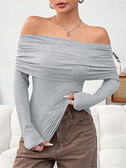 Outzidr - Womens Grey Full Sleeved Off-Shoulder Knit Top