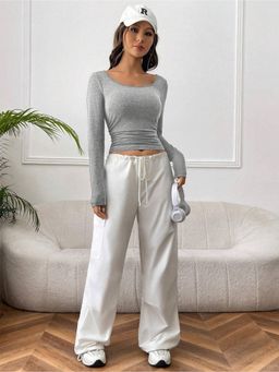 Outzidr - Womens Grey Full Sleeved Scoop Neck Fitted Crop Top