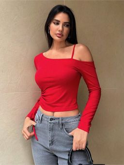 Outzidr - Womens Red One Shoulder Knit Crop Top