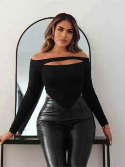 Outzidr - Womens Black Full Sleeved Cut-Out Fitted Crop Top