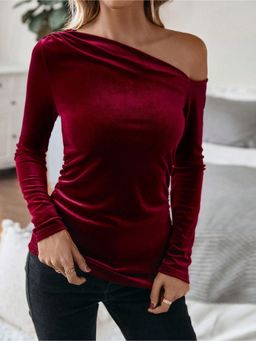 Outzidr - Womens Wine One Shoulder Knit Top