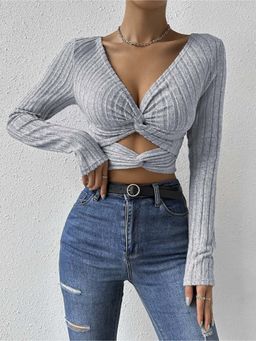 Outzidr - Womens Grey Full Sleeved Knotted Knit Crop Top