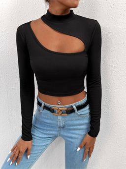 Outzidr - Womens Black High Neck Cut Out Knit Crop Top