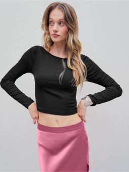 Outzidr - Womens Black Full Sleeved Boat Neck Fitted Crop Top