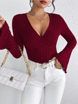 Outzidr - Womens Wine V-Neck Bell Sleeved Knit Top