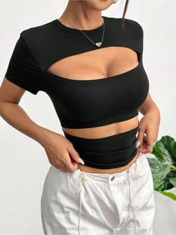 Outzidr - Womens Black Cut Out Fitted Knit Top