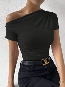Outzidr - Womens Black One Shoulder Knit Top