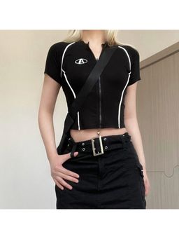 Outzidr - Womens Black High Neck Zip Up Graphic Crop Top