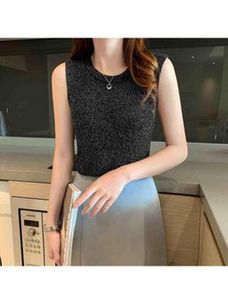 Outzidr - Womens Black Round Neck Basic Sequined Top