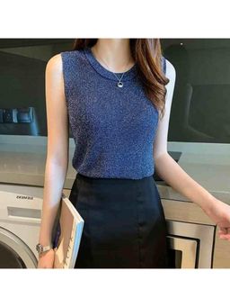 Outzidr - Womens Blue Round Neck Basic Solid Top