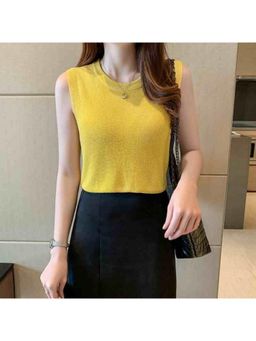 Outzidr - Womens Yellow Round Neck Basic Solid Top