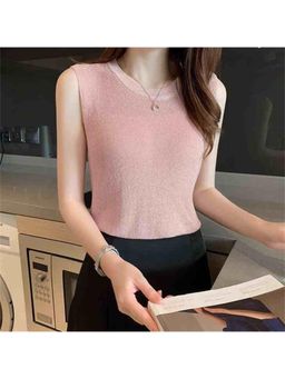 Outzidr - Womens Pink Round Neck Basic Solid Top