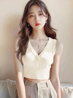 Outzidr - Womens Cream V-Neck Neck Crop Top