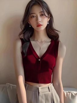 Outzidr - Womens Maroon V-Neck Neck Crop Top