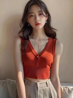 Outzidr - Womens Orange V-Neck Neck Crop Top