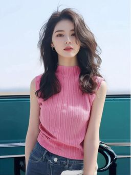 Outzidr - Womens Pink High Neck Textured Top