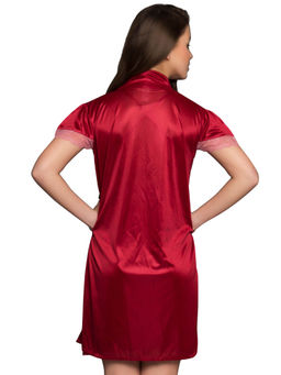 Clovia - 2 Pc Premium SatIn Nightwear In Maroon with Lace