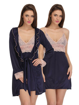 Clovia - Satin Short Lace Nightie With Robe - Blue