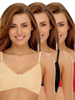 Clovia - Pack of 3 Cotton Rich Non-Padded Wirefree T-shirt Bra in Multicolor - Multi-Color