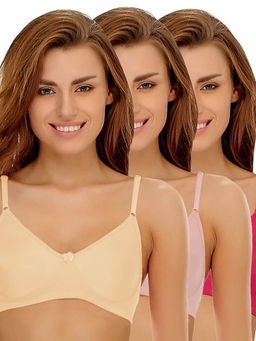 Clovia - Pack of 3 Cotton Rich Non-Padded Wirefree T-shirt Bra in Multicolor - Multi-Color