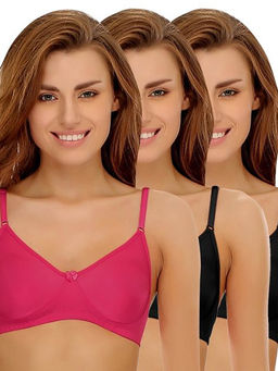Clovia - Pack of 3 Cotton Rich Non-Padded Wirefree T-shirt Bra in Multicolor - Multi-Color