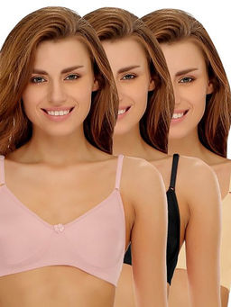 Clovia - Pack of 3 Cotton Rich Non-Padded Wirefree T-shirt Bra in Multicolor - Multi-Color