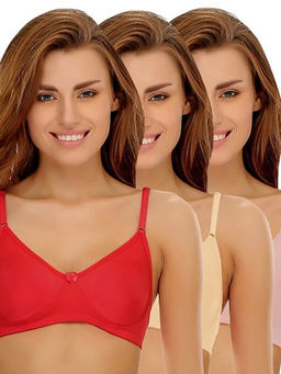 Clovia - Pack of 3 Cotton Rich Non-Padded Wirefree T-shirt Bra in Multicolor - Multi-Color