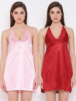 Clovia - Pack of 2 Satin Halter Neck Babydoll - Multi-Color