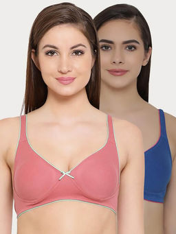 Clovia - Pack of 2 Non-Wired T-Shirt Bra With Layered Cups - Multi-Color