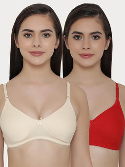 Clovia - Pack of 2 Cotton Rich Non-Padded Wirefree T-Shirt Bra - Red & Beige