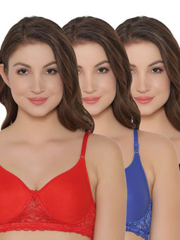 Clovia - Pack of 3 Cotton Rich Non-Wired Spacer Cup T-Shirt Bra - Multi-Color