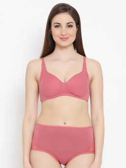 Clovia - Non-Padded Non-Wired Bra With Double Layered Cups And Hipster Panty - Pink